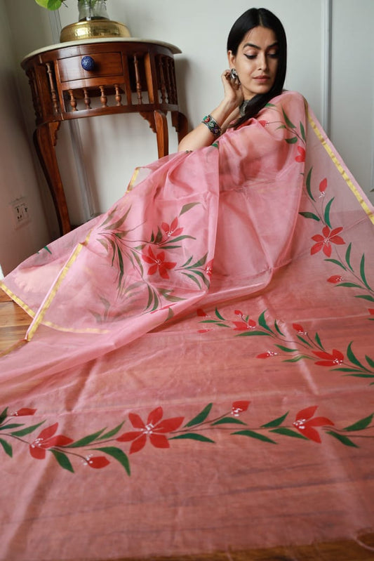 HAND BURSH PAINTED ORGANZA SILK SAREE WITH BLOUSE (CIB36)