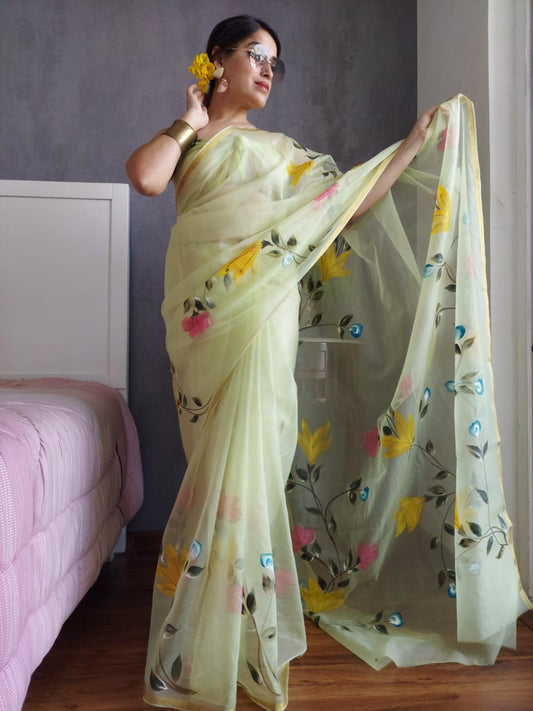 HAND BURSH PAINTED ORGANZA SILK SAREE WITH BLOUSE (CIB39)