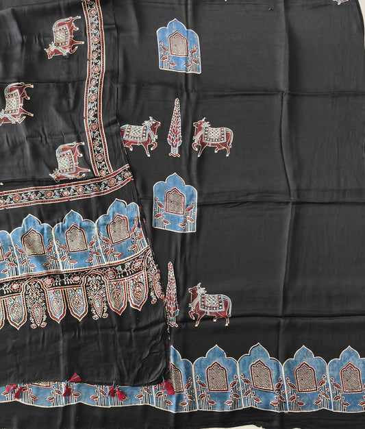 )Vanaspati Ajrakh Hand Block Printed Suits Modal Silk Fabric (CIT117)