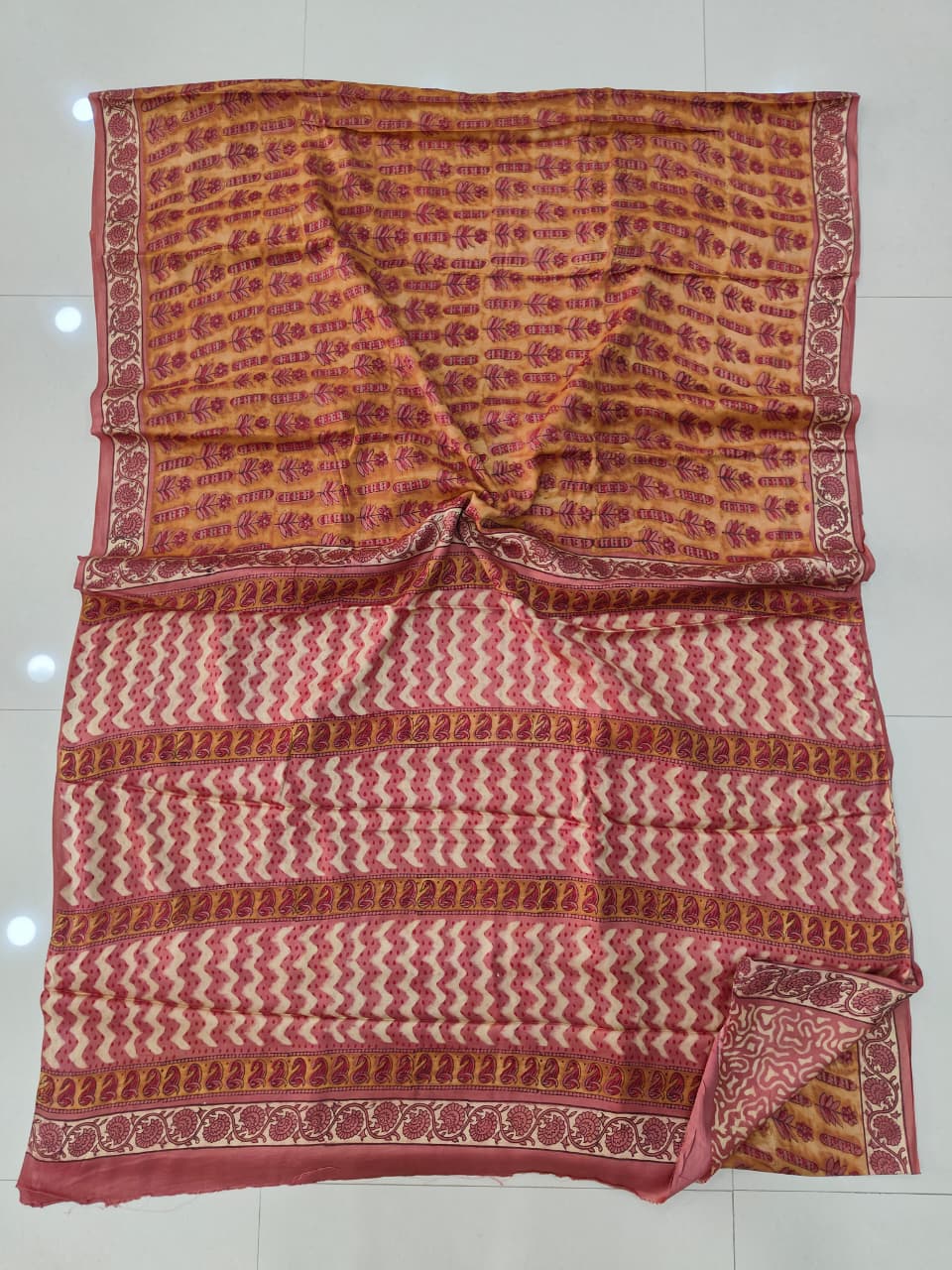 Pomegranate Printed Ajrakh Hand Block Modal Silk Saree with Blouse (CID110)