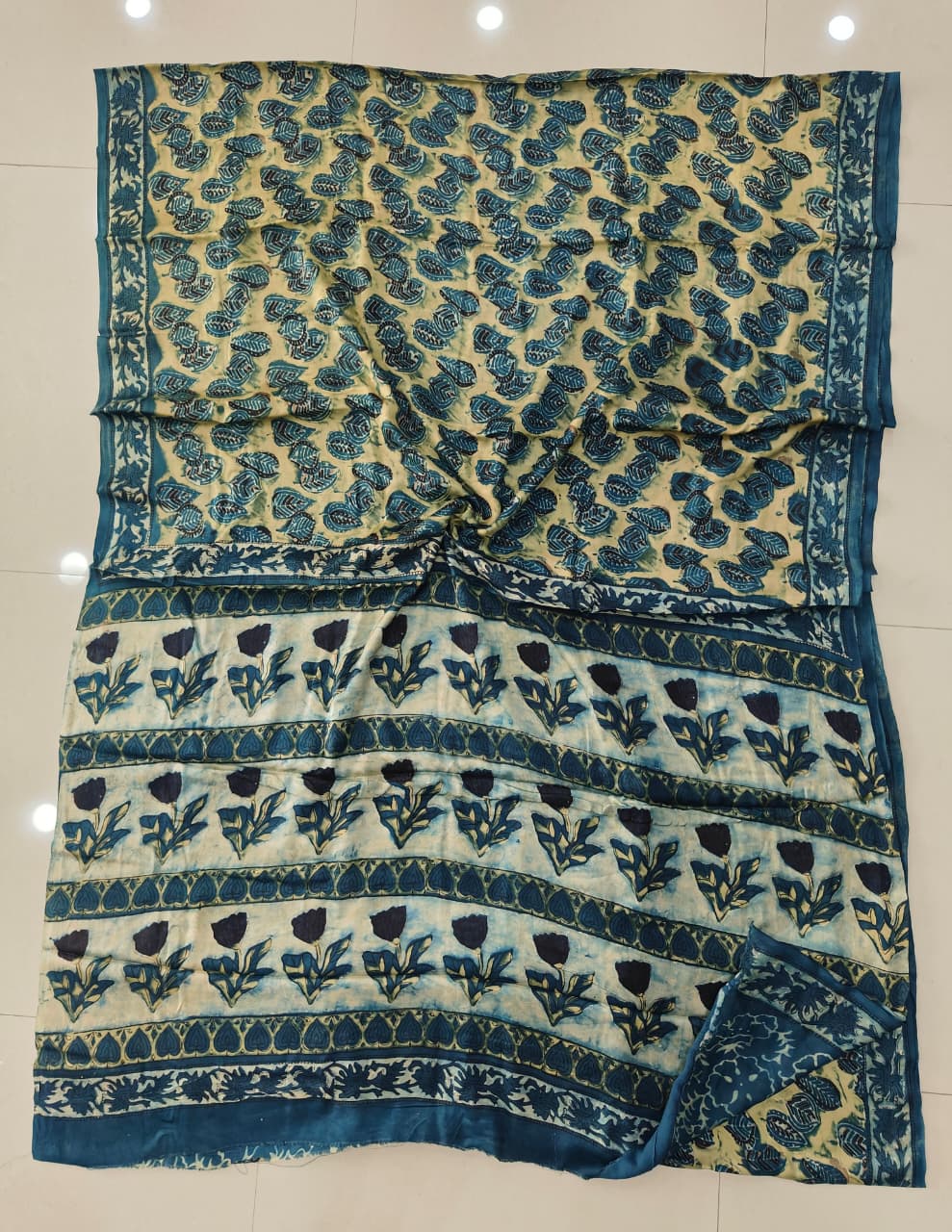 Pomegranate Printed Ajrakh Hand Block Modal Silk Saree with Blouse (CID113)