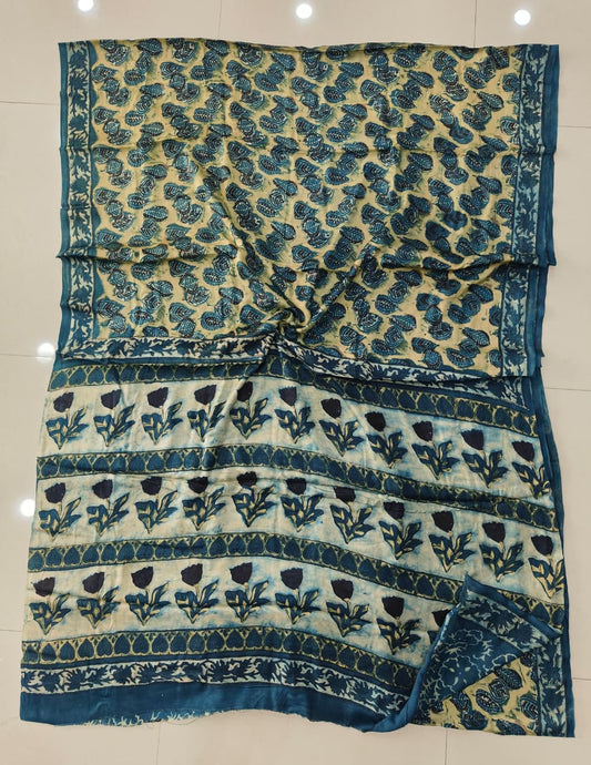Pomegranate Printed Ajrakh Hand Block Modal Silk Saree with Blouse (CID113)