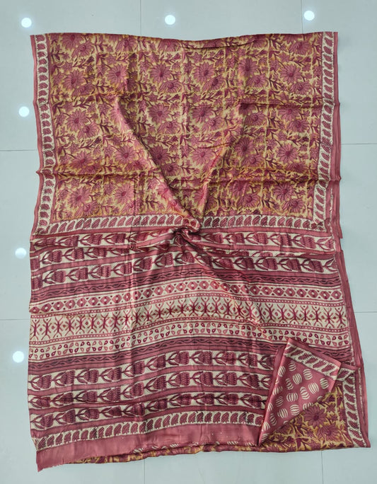 Pomegranate Printed Ajrakh Hand Block Modal Silk Saree with Blouse (CID114)