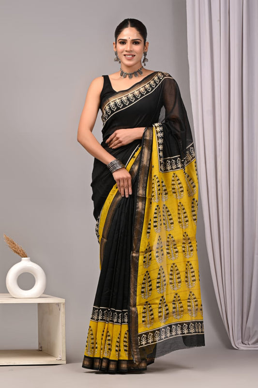Jaipuri Hand Block Bagru Printed Maheshwari Silk Saree With Blouse (MSS179)