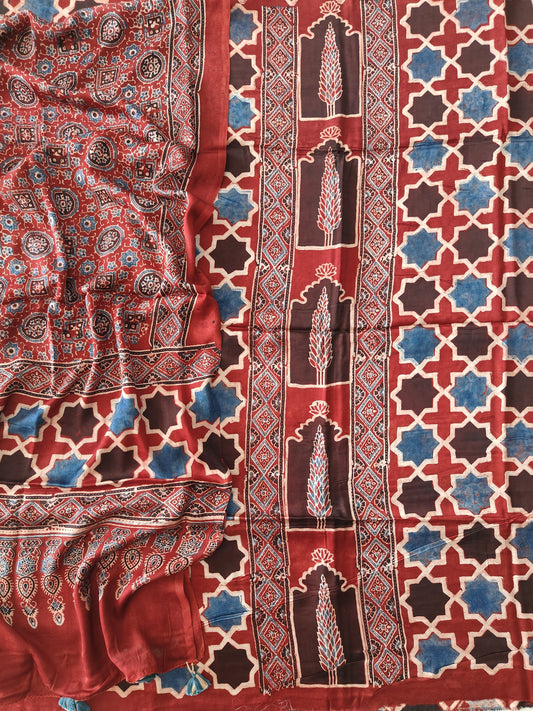 )Vanaspati Ajrakh Hand Block Printed Suits Modal Silk Fabric (CIT123)