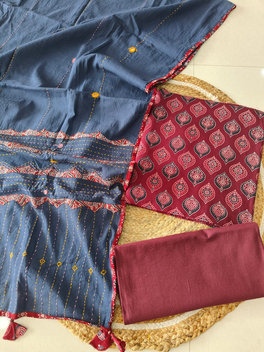 Ajarkh  Print Suit Pcs With Patch Work And Mirror Work Dupatta (ASW01)