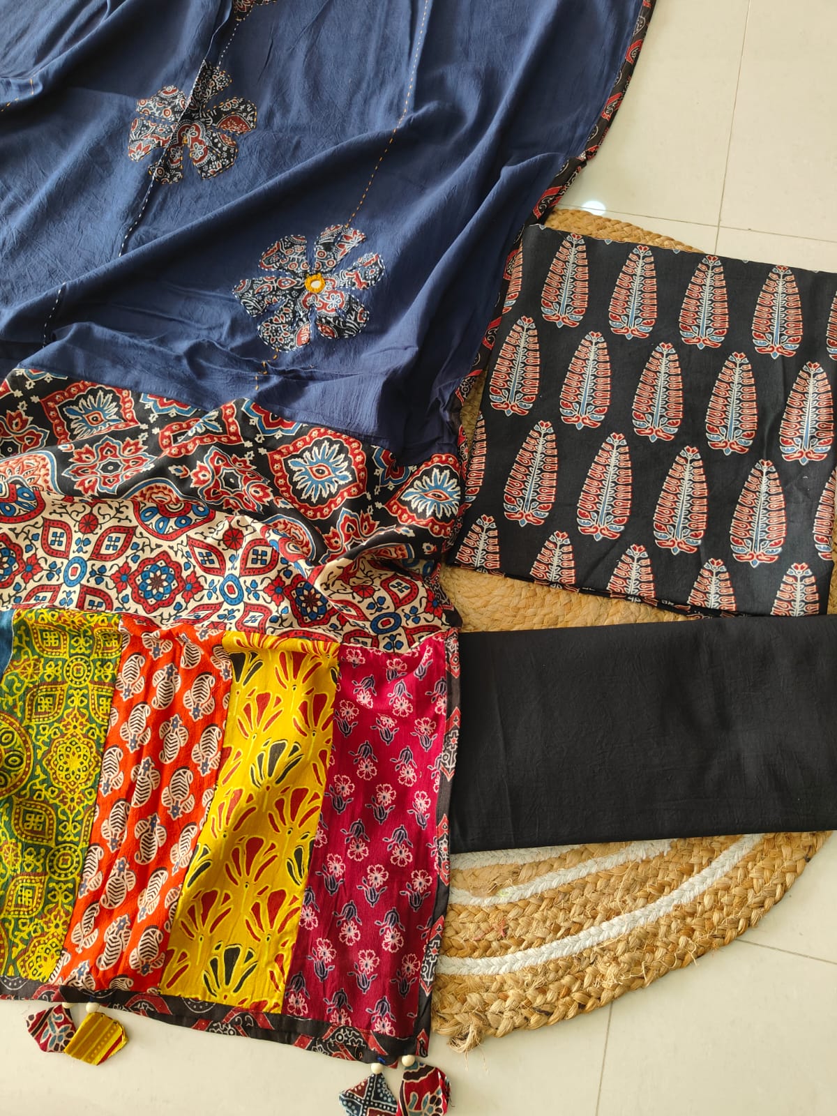 Ajarkh  Print Suit Pcs With Patch Work And Mirror Work Dupatta (ASC019)