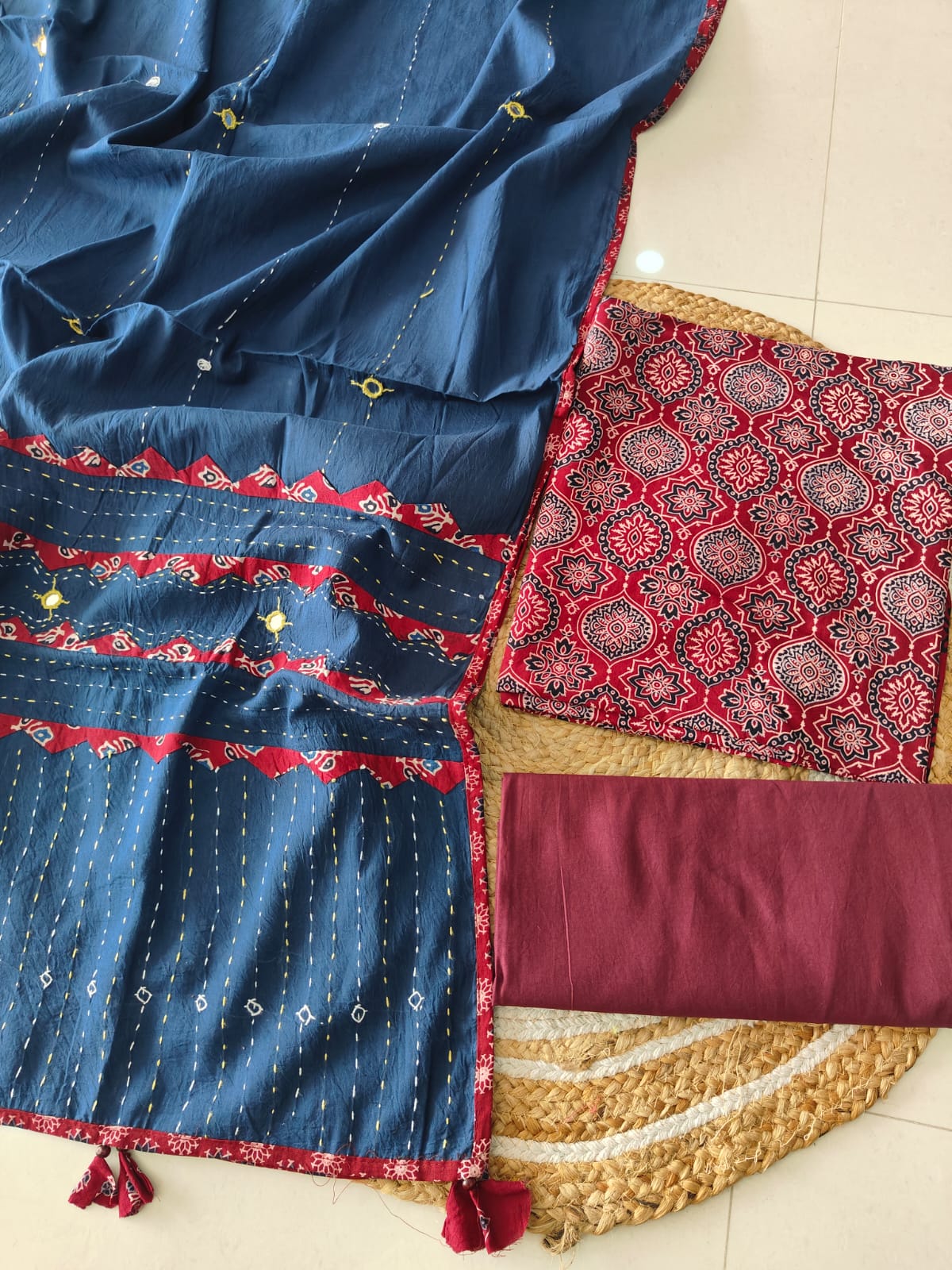Ajarkh  Print Suit Pcs With Patch Work And Mirror Work Dupatta (ASC023)