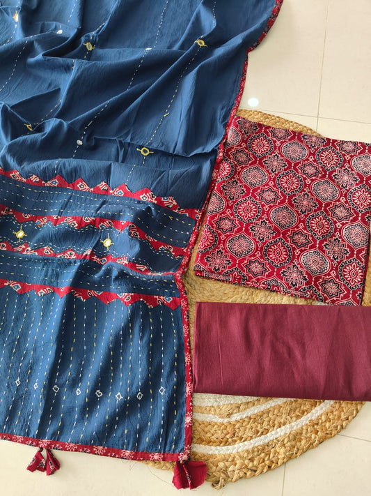 Ajarkh  Print Suit Pcs With Patch Work And Mirror Work Dupatta (ASC023)