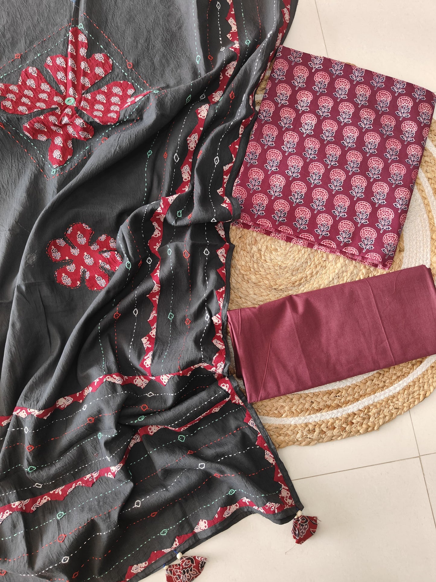 Ajarkh  Print Suit Pcs With Patch Work And Mirror Work Dupatta (ASC024)