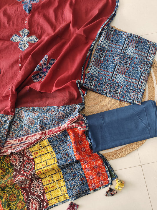 Ajarkh  Print Suit Pcs With Patch Work And Mirror Work Dupatta (ASC022)