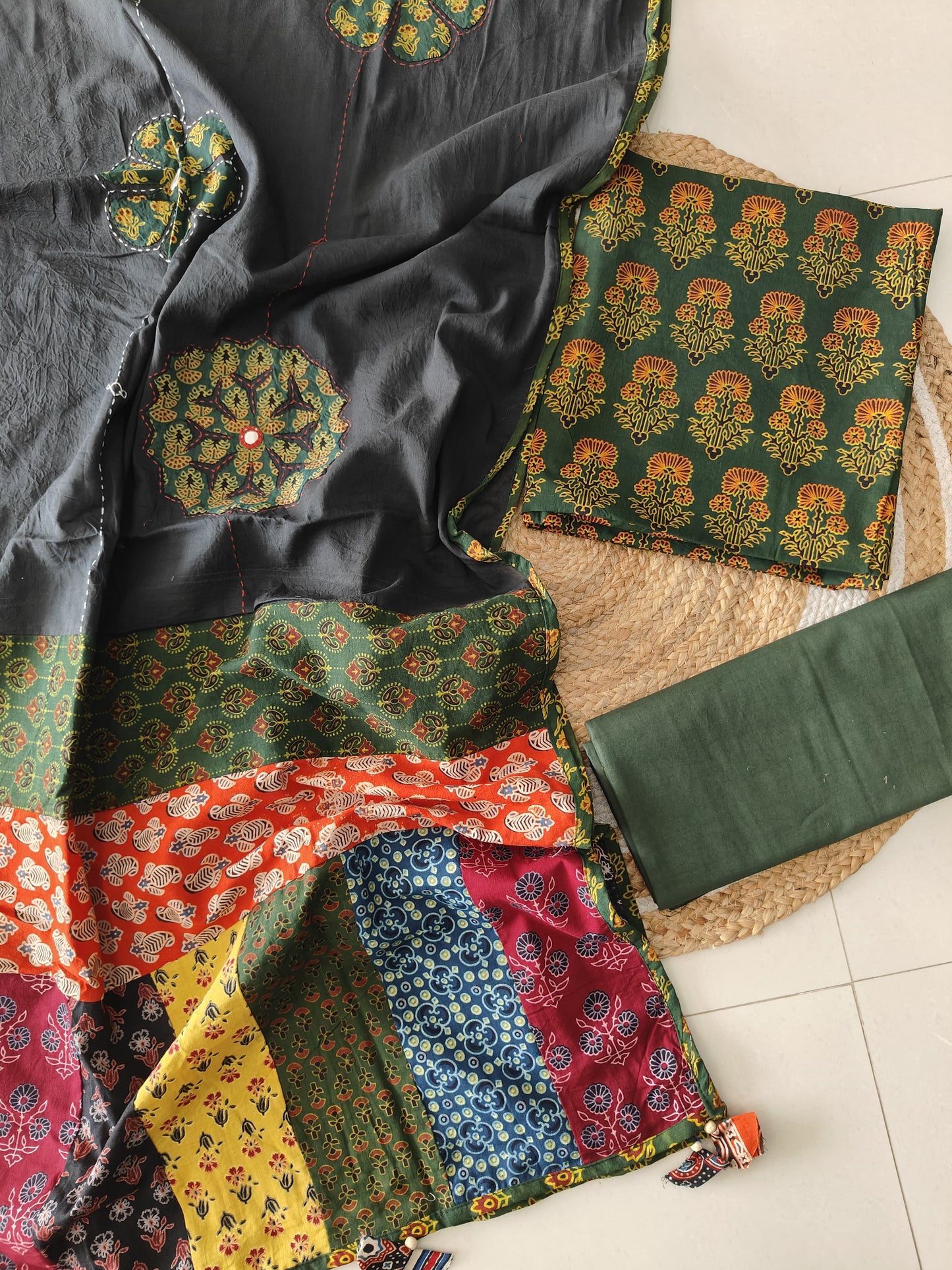 Ajarkh  Print Suit Pcs With Patch Work And Mirror Work Dupatta (ASC025)
