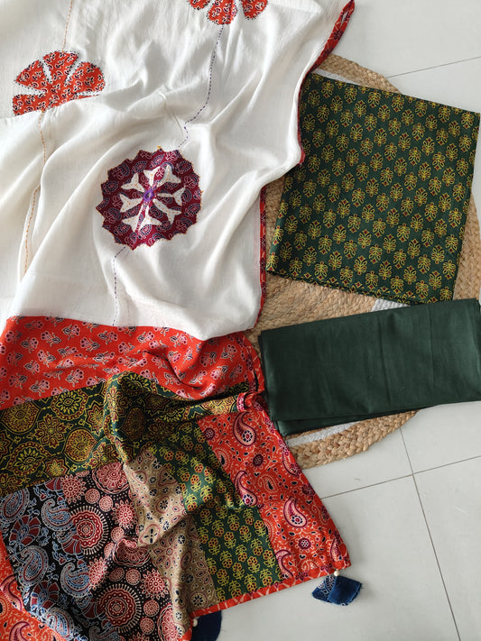 Ajarkh  Print Suit Pcs With Patch Work And Mirror Work Dupatta (ASC027)