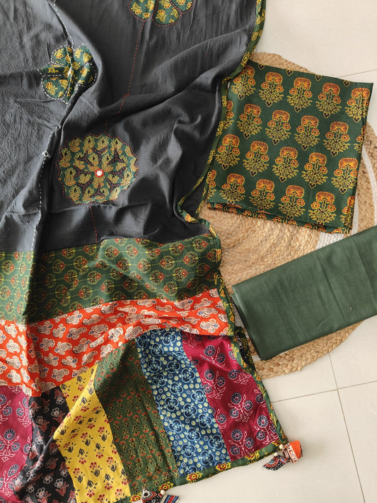 Ajarkh  Print Suit Pcs With Patch Work And Mirror Work Dupatta (ASC025)