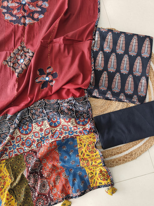 Ajarkh  Print Suit Pcs With Patch Work And Mirror Work Dupatta (ASC032)