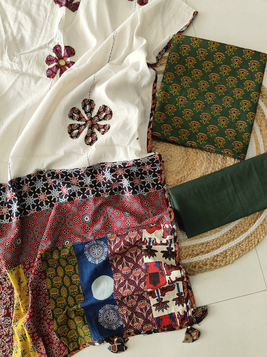 Ajarkh  Print Suit Pcs With Patch Work And Mirror Work Dupatta (ASC033)