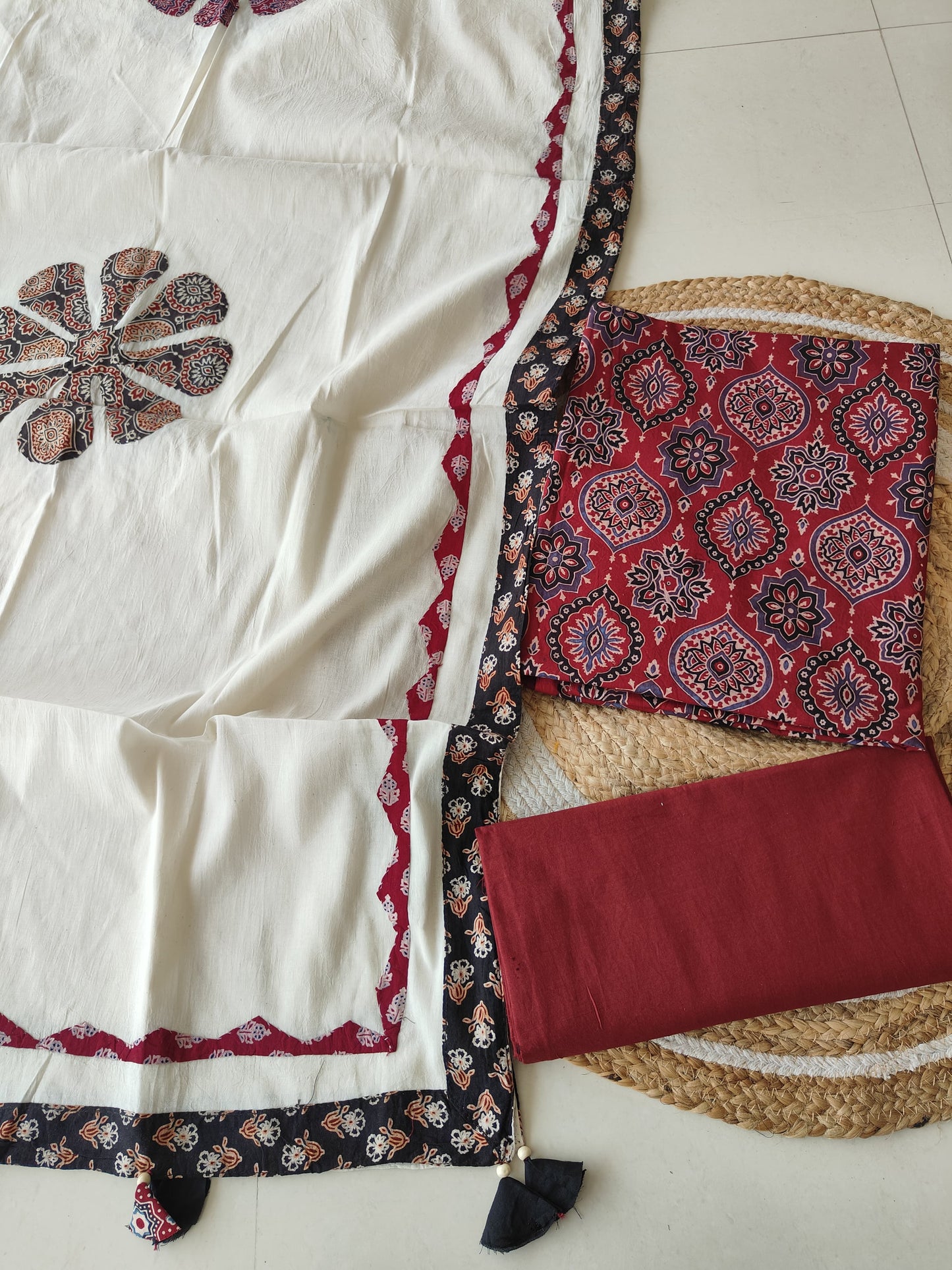 Ajarkh  Print Suit Pcs With Patch Work And Mirror Work Dupatta (ASC042)