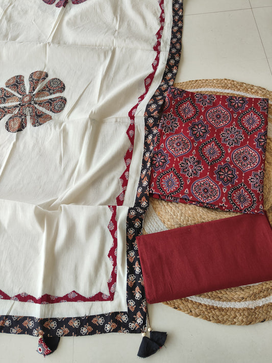 Ajarkh  Print Suit Pcs With Patch Work And Mirror Work Dupatta (ASC042)