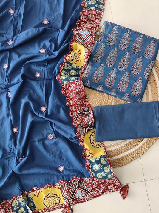 Ajarkh  Print Suit Pcs With Patch Work And Mirror Work Dupatta (ASC049)