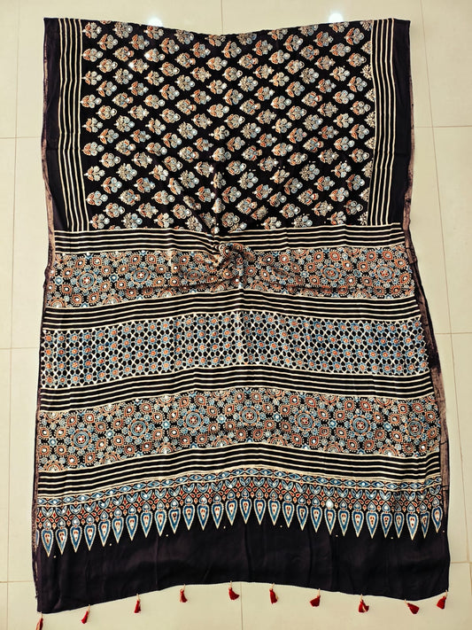 MIRROR WORK HAND BLOCK AJRAKH MODAL SILK SAREE WITH BLOUSE (CIV22)