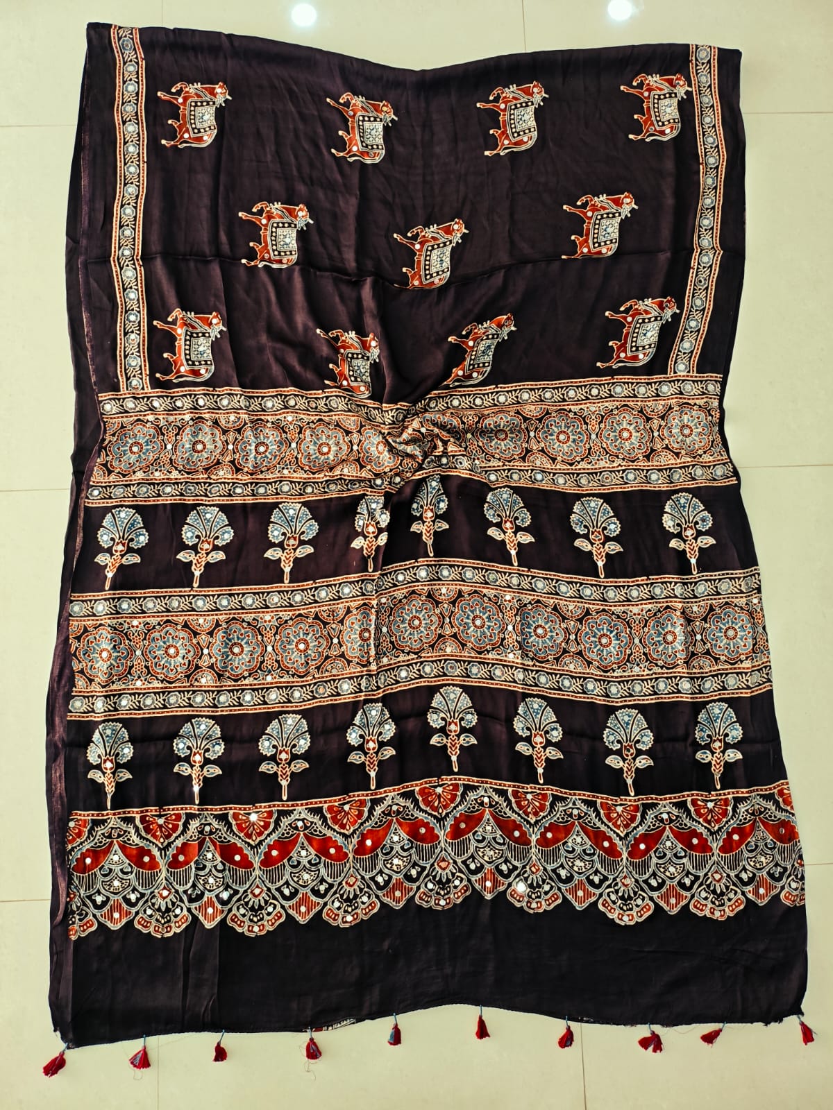 MIRROR WORK HAND BLOCK AJRAKH MODAL SILK SAREE WITH BLOUSE (CIV23)