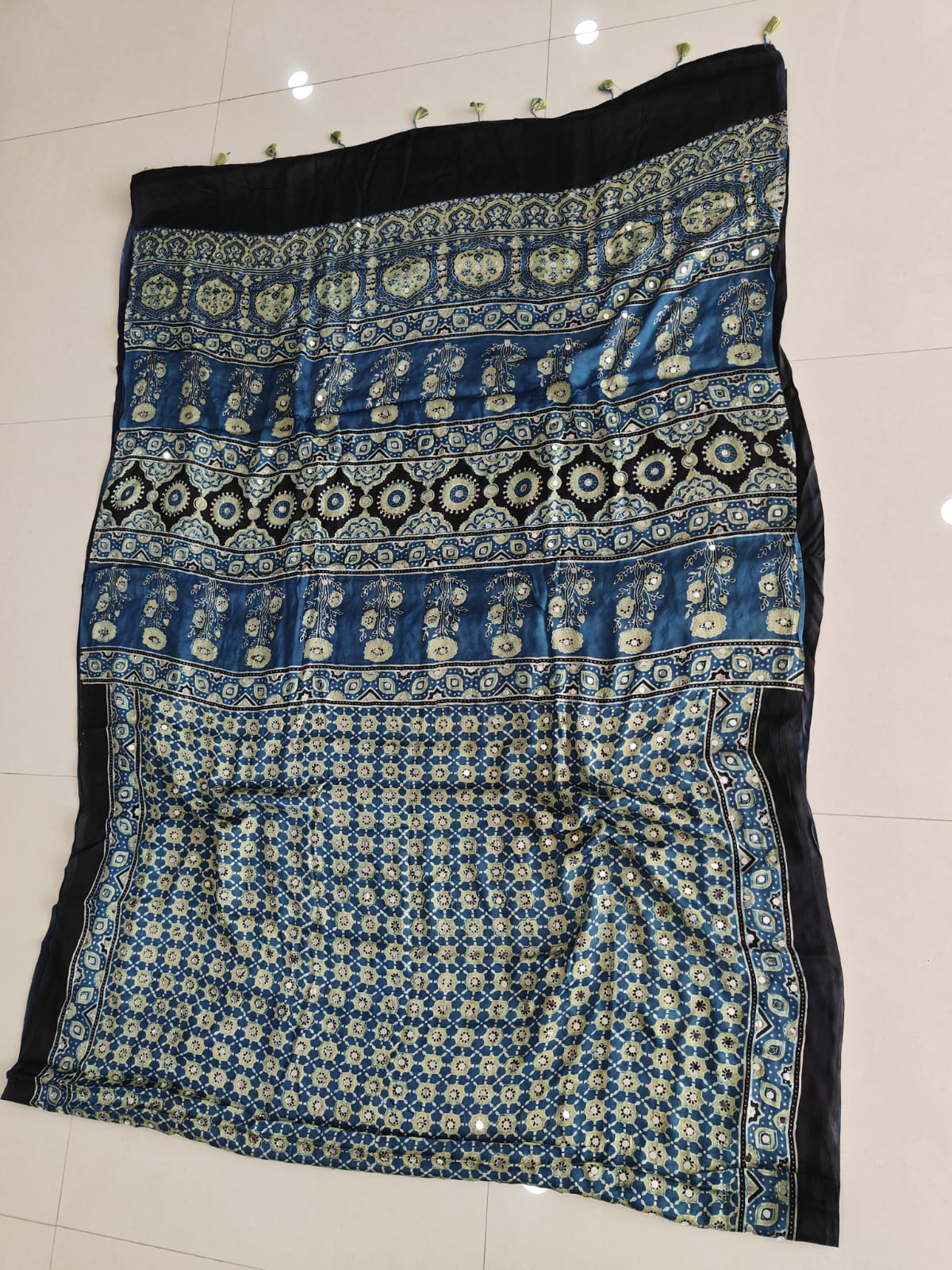 MIRROR WORK HAND BLOCK AJRAKH MODAL SILK SAREE WITH BLOUSE (CIV27)