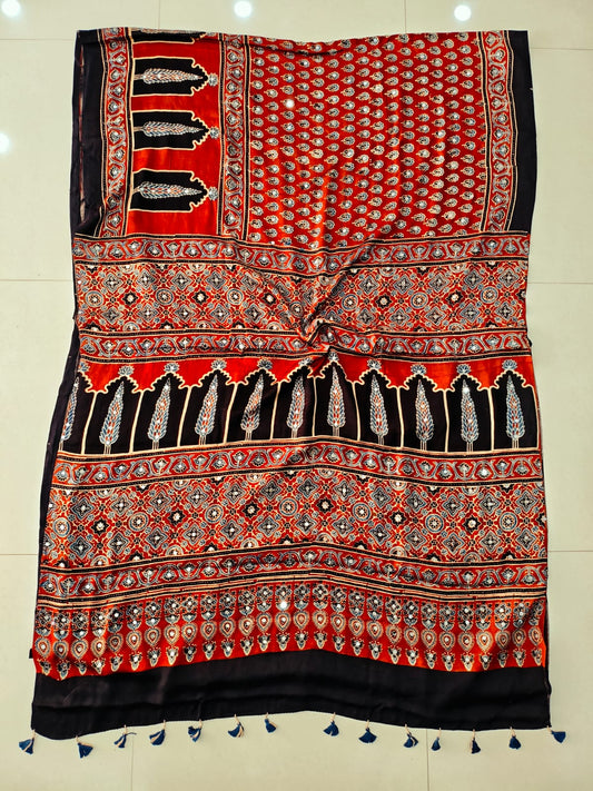 MIRROR WORK HAND BLOCK AJRAKH MODAL SILK SAREE WITH BLOUSE (CIV29)
