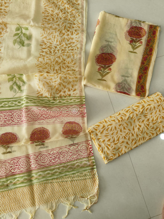 HAND BLOCK PRINTED KOTA DORIYA SUIT WITH KOTA DORIYA DUPPATA (FKS157)