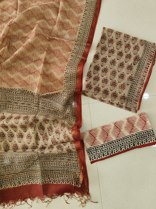 HAND BLOCK PRINTED KOTA DORIYA SUIT WITH KOTA DORIYA DUPPATA (FKS161)
