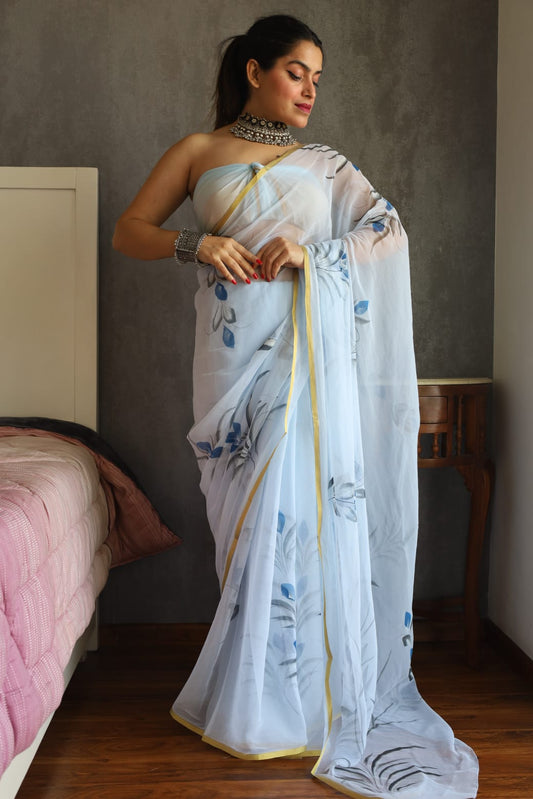 Hand Brush Painted Chiffon Saree with Blouse ( CIA92)
