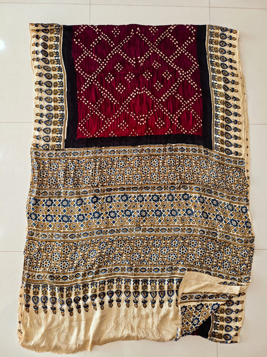 HAND BLOCK PRINTED  BANDHEJ AJRAKH MODAL SILK SAREE (CIX12)