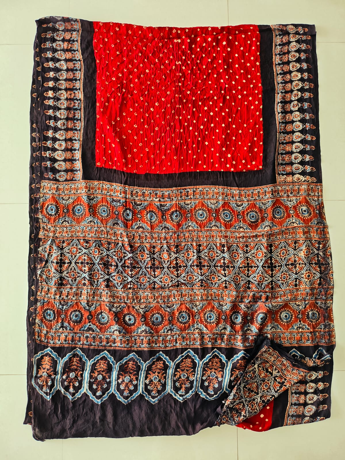HAND BLOCK PRINTED  BANDHEJ AJRAKH MODAL SILK SAREE (CIX15)