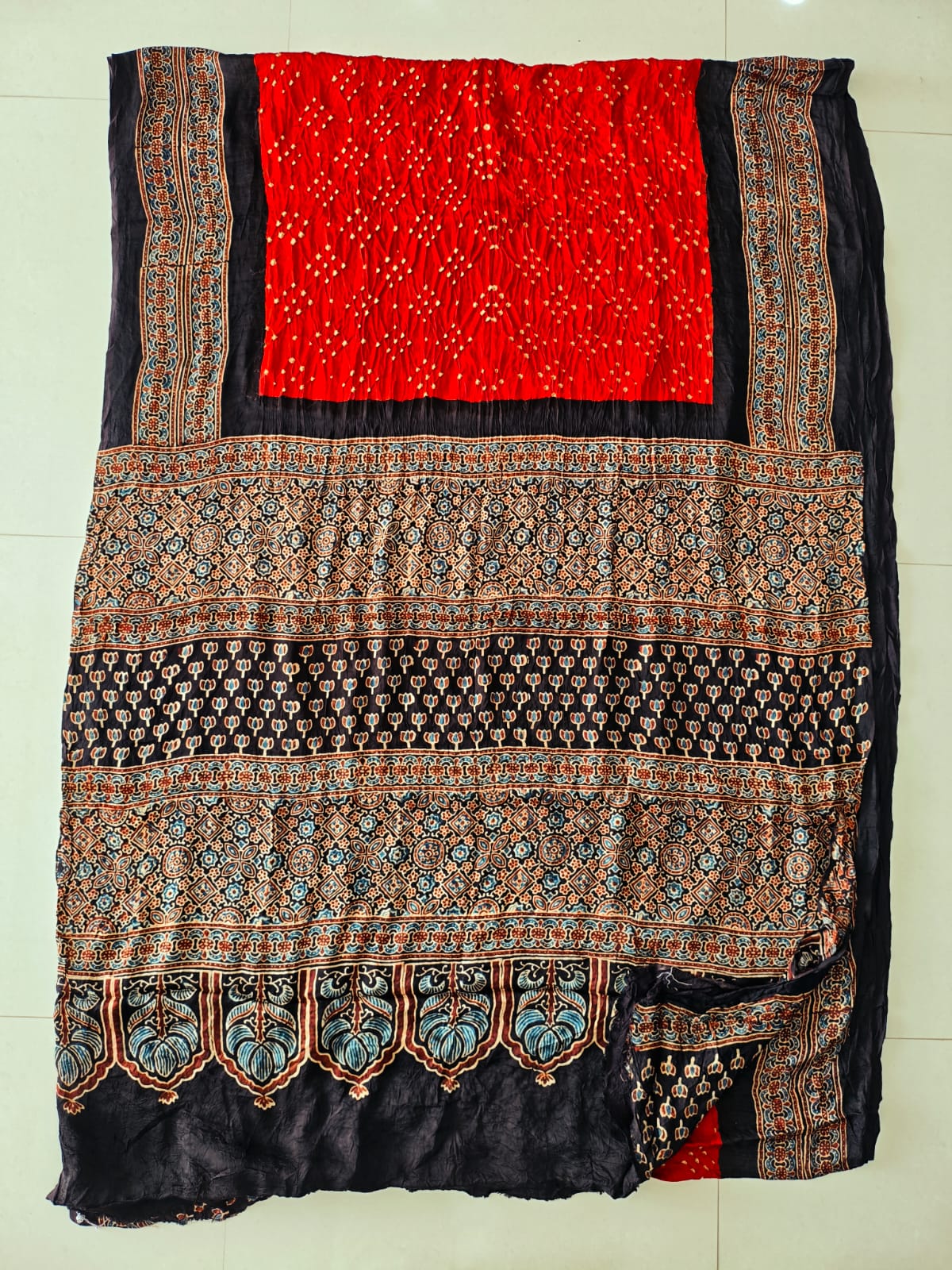HAND BLOCK PRINTED  BANDHEJ AJRAKH MODAL SILK SAREE (CIX16)