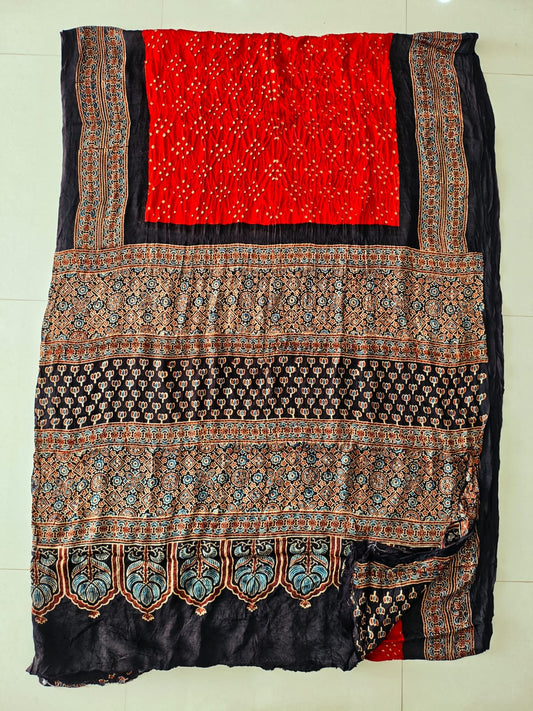 HAND BLOCK PRINTED  BANDHEJ AJRAKH MODAL SILK SAREE (CIX16)