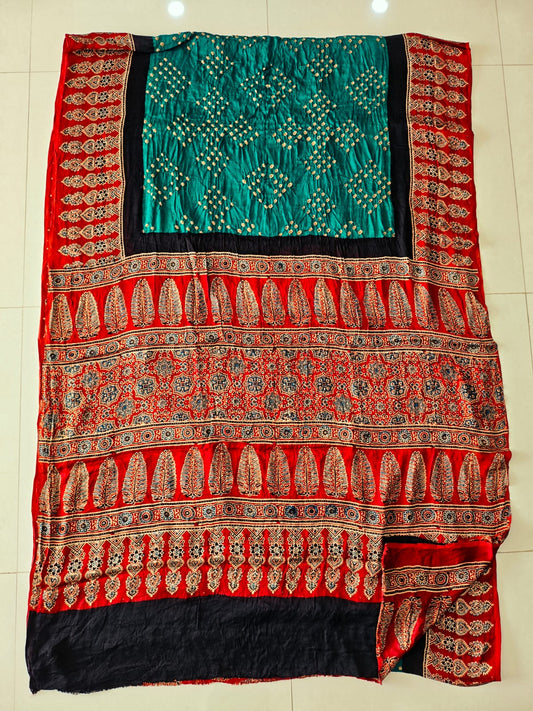 HAND BLOCK PRINTED  BANDHEJ AJRAKH MODAL SILK SAREE (CIX17)