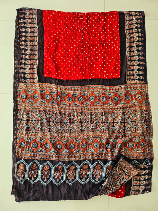 HAND BLOCK PRINTED  BANDHEJ AJRAKH MODAL SILK SAREE (CIX15)