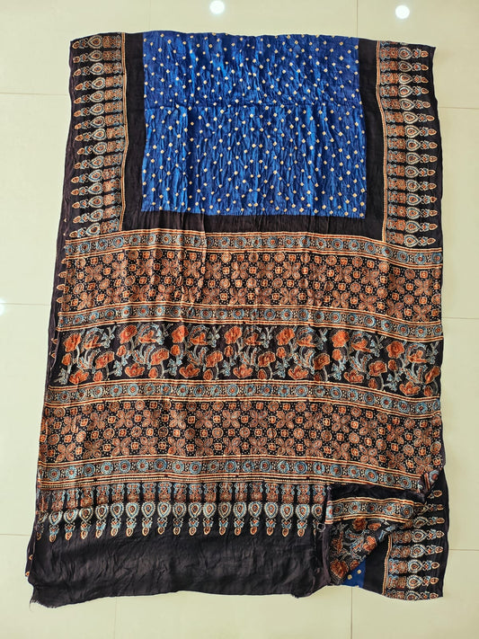 HAND BLOCK PRINTED  BANDHEJ AJRAKH MODAL SILK SAREE (CIX18)