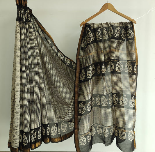 Jaipuri Hand Block Bagru Printed Maheshwari Silk Saree With Blouse (MSS186)
