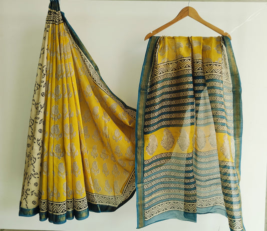 Jaipuri Hand Block Bagru Printed Maheshwari Silk Saree With Blouse (MSS189)