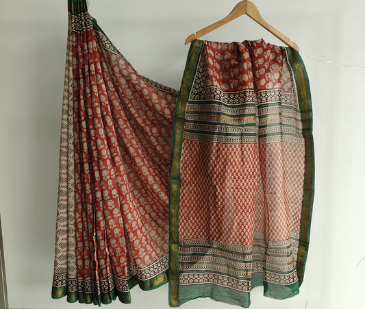 Jaipuri Hand Block Bagru Printed Maheshwari Silk Saree With Blouse (MSS190)