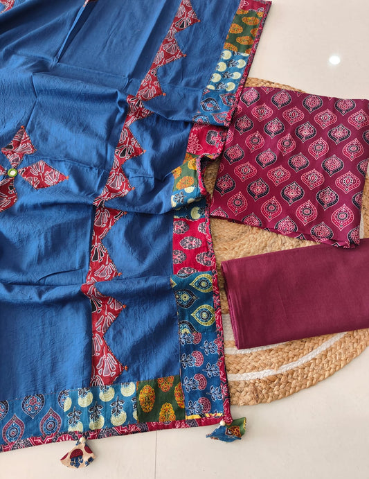 Ajarkh  Print Suit Pcs With Patch Work And Mirror Work Dupatta (ASC058)