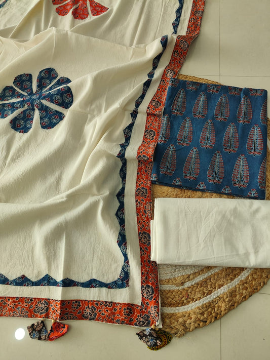 Ajarkh  Print Suit Pcs With Patch Work And Mirror Work Dupatta (ASC070)