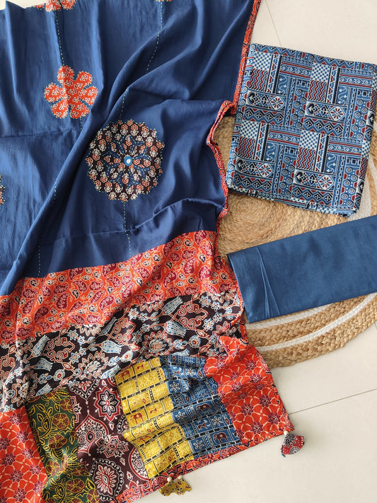 Ajarkh  Print Suit Pcs With Patch Work And Mirror Work Dupatta (ASC073)