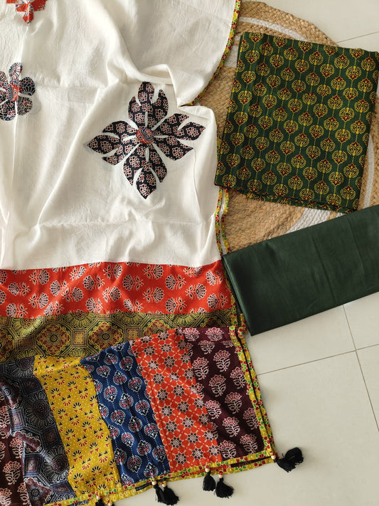 Ajarkh  Print Suit Pcs With Patch Work And Mirror Work Dupatta (ASC064)