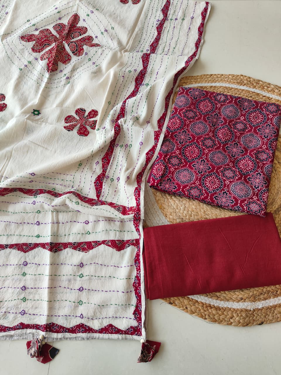 Ajarkh  Print Suit Pcs With Patch Work And Mirror Work Dupatta (ASC065)