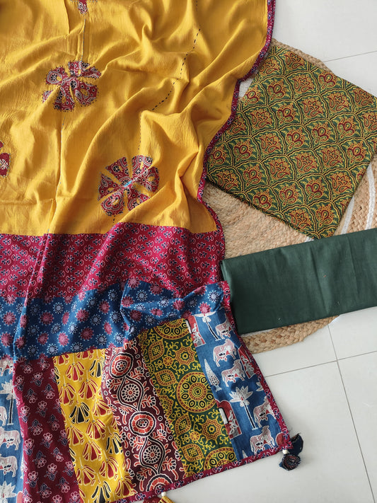 Ajarkh  Print Suit Pcs With Patch Work And Mirror Work Dupatta (ASC072)