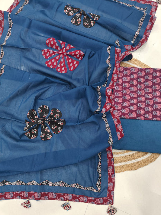 Ajarkh  Print Suit Pcs With Patch Work And Mirror Work Dupatta (ASC066)