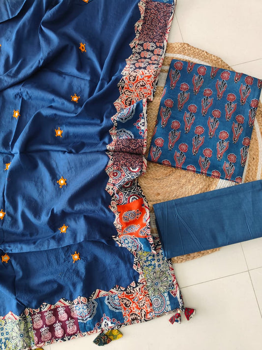 Ajarkh  Print Suit Pcs With Patch Work And Mirror Work Dupatta (ASC067)