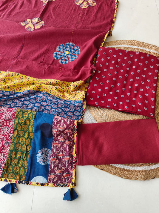 Ajarkh  Print Suit Pcs With Patch Work And Mirror Work Dupatta (ASC066)