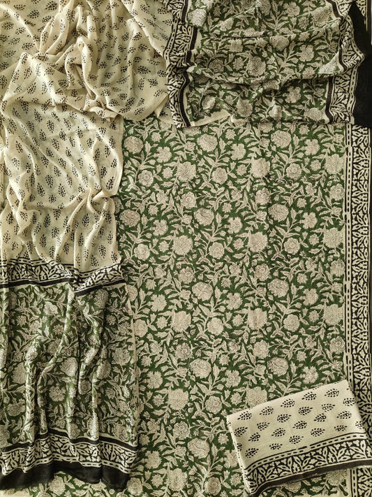 HAND BLOCK PRINTED COTTON 3-PIS SUIT WITH MULMUL DUPPATA (CMS159)